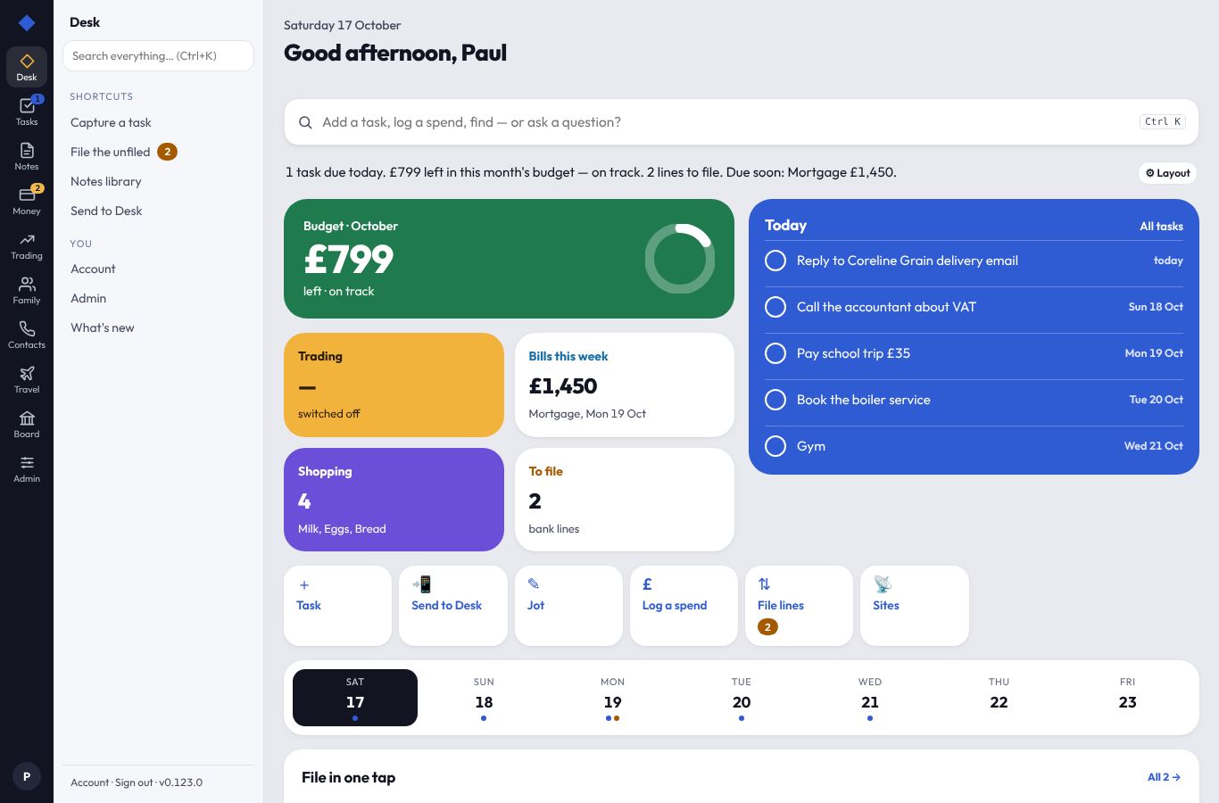 The Desk's home screen, with sample data